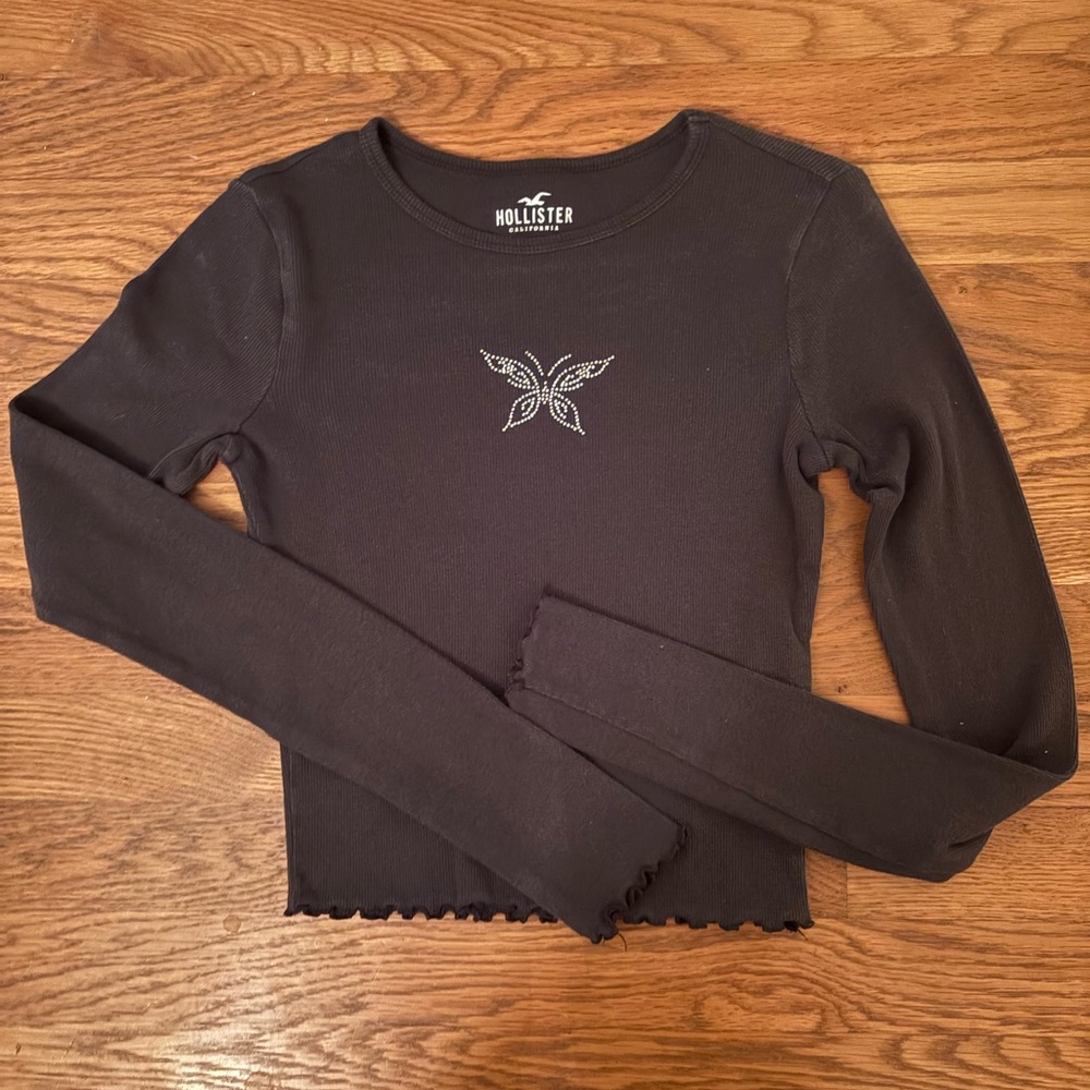 Hollister Black Top with Embellished Butterfly